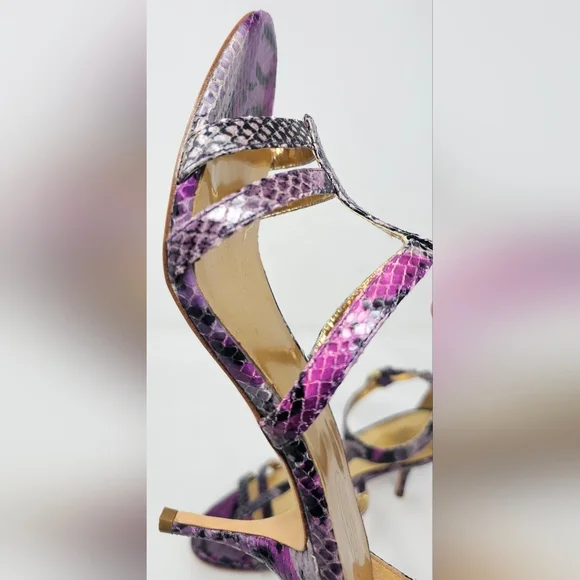 Coach Hayden Leather Violet Pink Blk Python Print Open Toe T-Strap Heels Size 7B - Picture 6 of 16